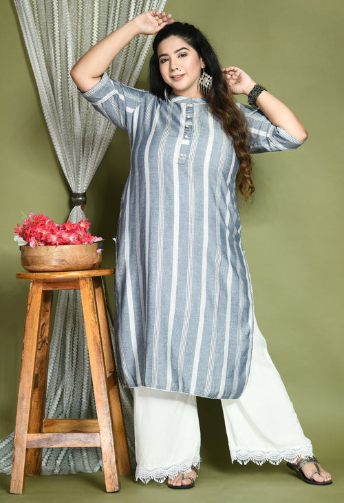 Plus Size Rayon Striped Grey Kurta Palazzo Set