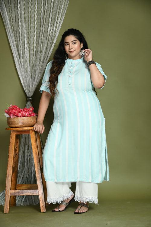 Plus Size Striped Sea Green Kurta