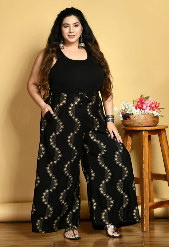 Plus Size Black Floral Gold Printed Palazzos