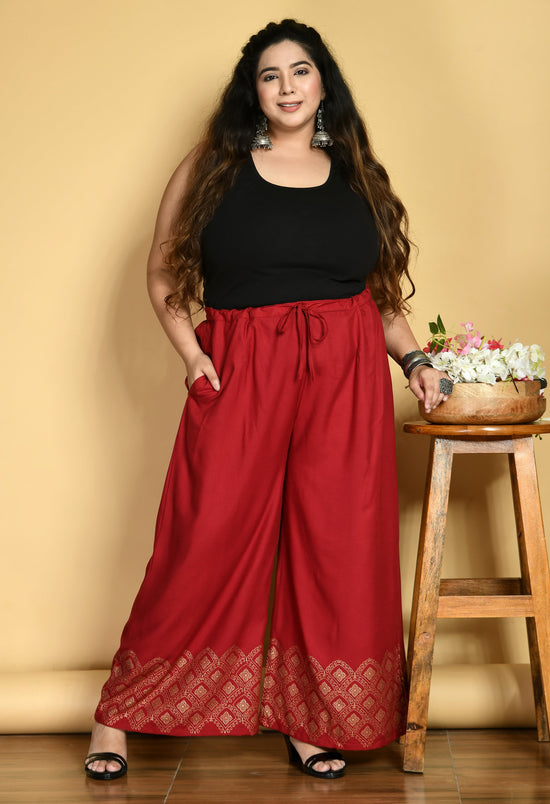 Plus Size Red Diamond Gold Printed Palazzos