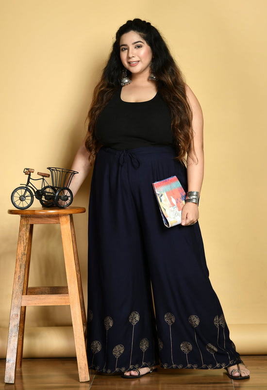 Plus Size Navy Gold Printed Palazzos