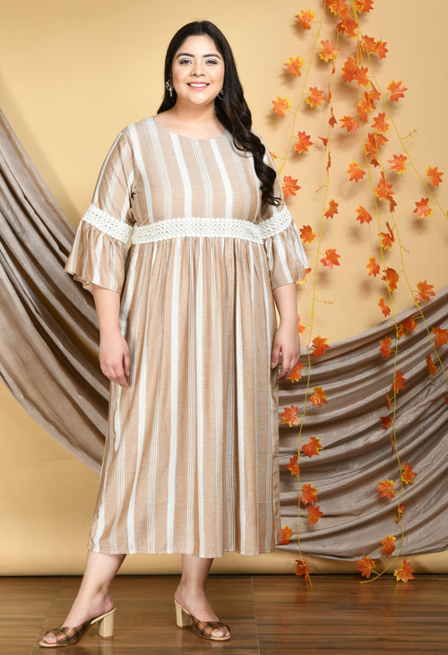 Plus Size Beige Striped Lace Dress