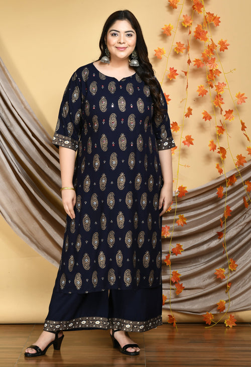 Plus Size Gold Printed Kurta Palazzo Set