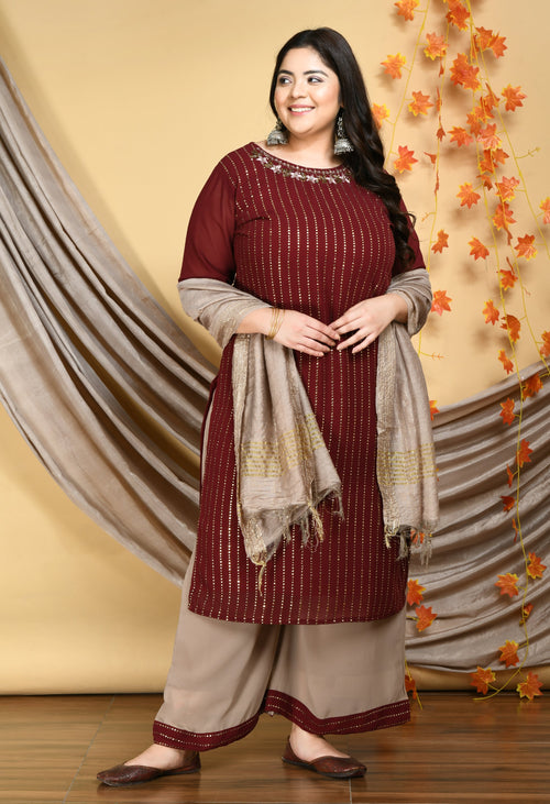 Plus Size Mukaish Embellished Maroon Kurta Set