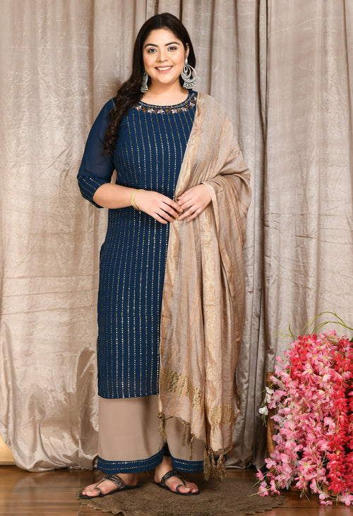 Plus Size Mukaish Embellished Teal Kurta Set