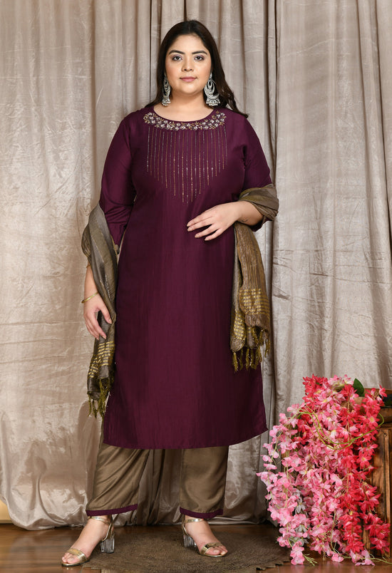 Plus Size Floral Embellished Wine Kurta Set