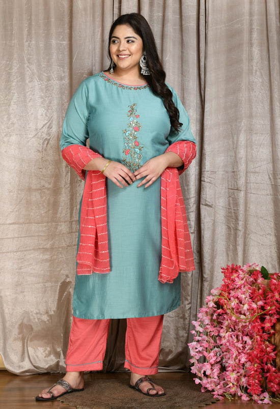 Plus Size Sea Green Embellished Kurta Set