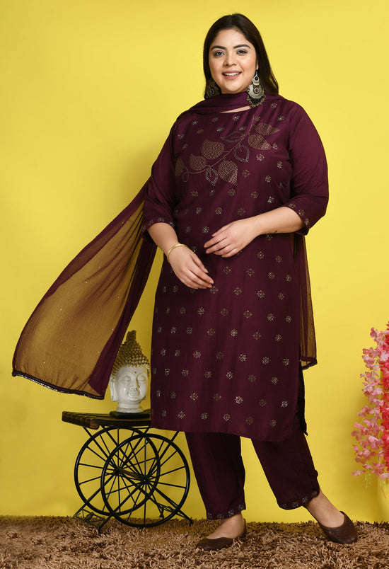 Plus Size Wine Embellished Kurta Set