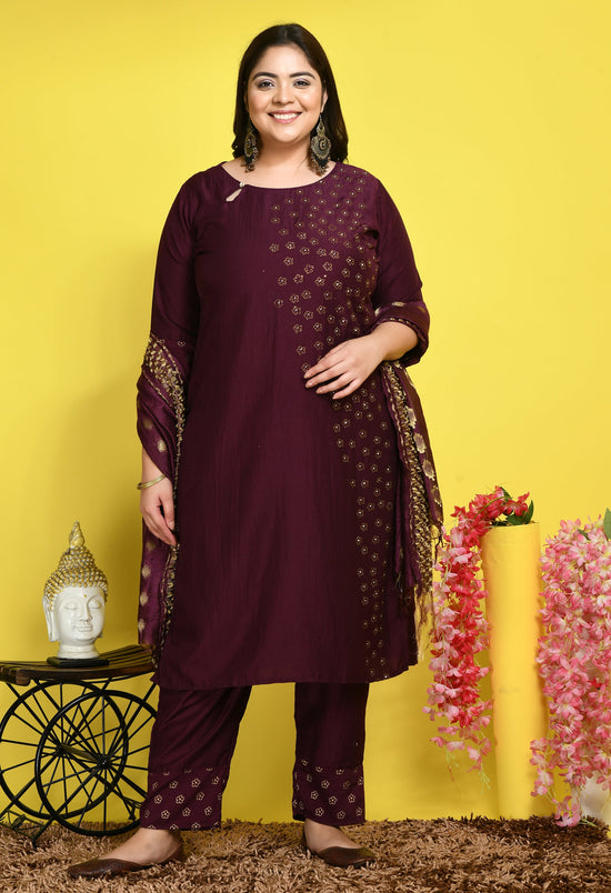 Plus Size Wine Beads & Stones Embellished Kurta Set