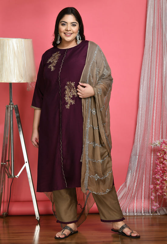 Plus Size Embellished Scalping Purple Kurta Set