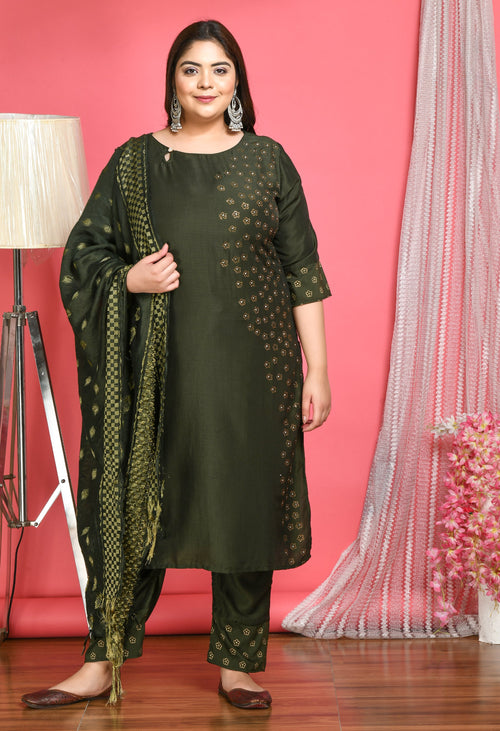 Plus Size Green Beads & Stones Embellished Kurta Set