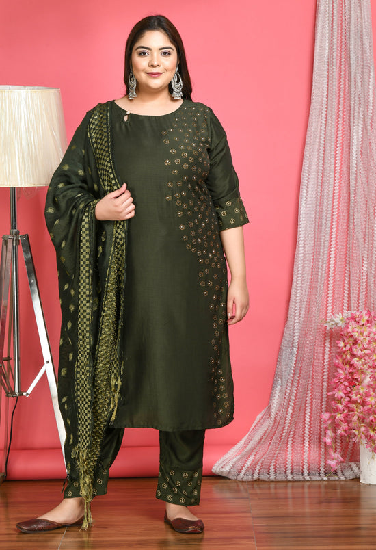 Plus Size Green Beads & Stones Embellished Kurta Set