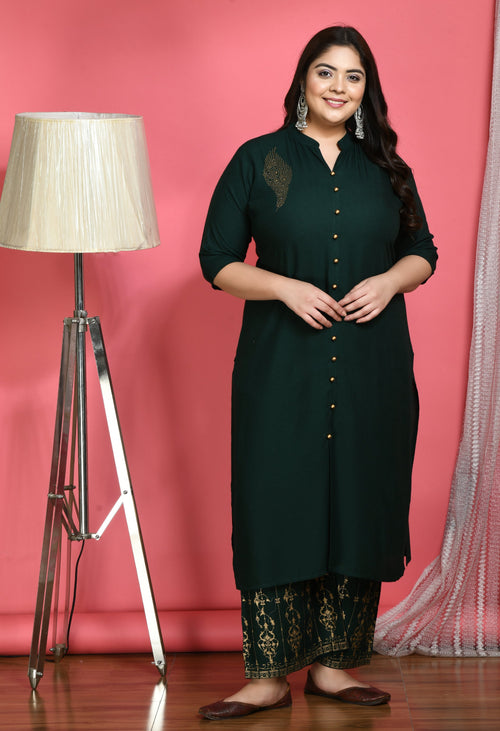 Plus Size Collared Bottle Green Kurta Palazzo Set