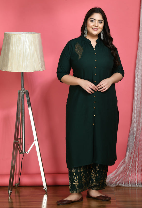 Plus Size Collared Bottle Green Kurta Palazzo Set