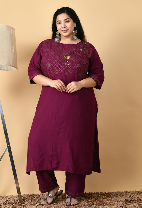 Plus Size Designer Wine Kurta Pant Set