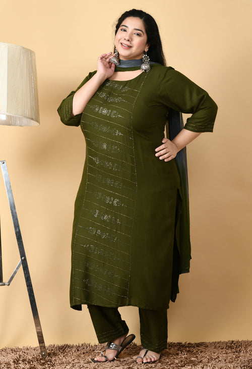 Plus Size Festive Green Kurta Pant Set