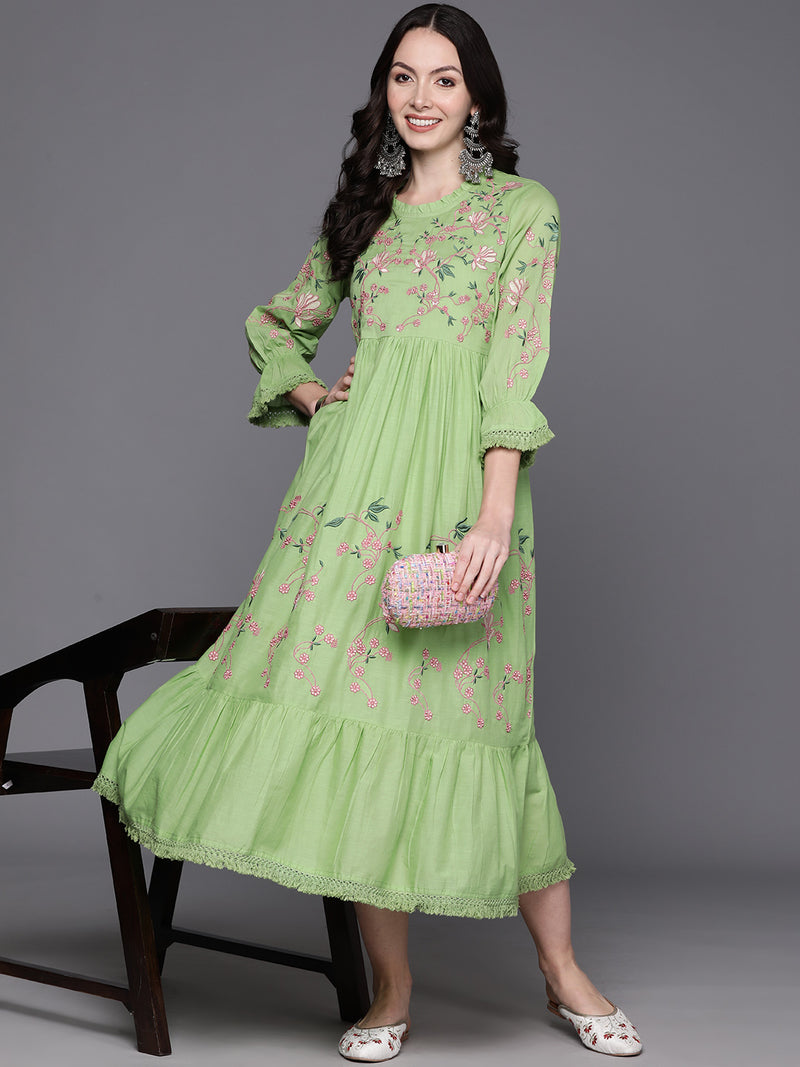 Indo Era Green Embroidered A-Line Ethnic Dress