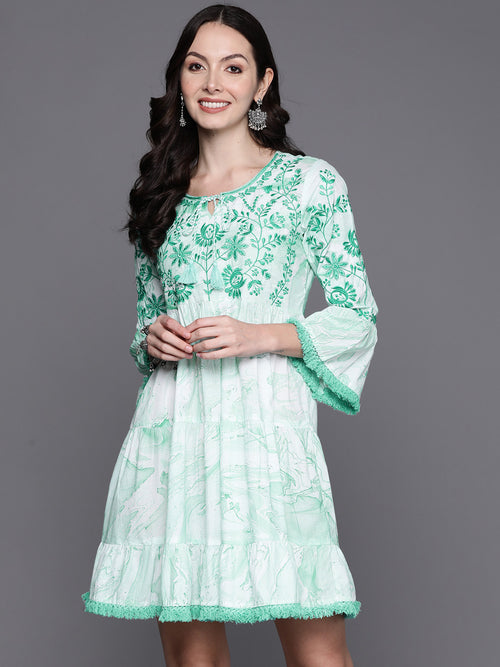 Indo Era Sea Green Embroidered A-Line Ethnic Dress