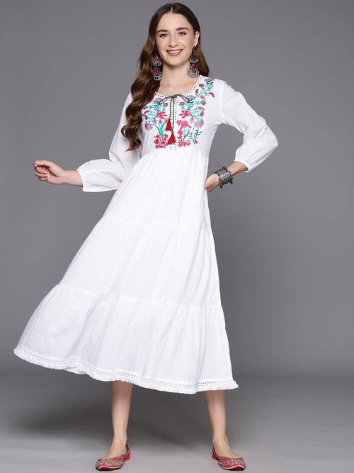 Indo Era White Embroidered A-Line Smart Casual Dress