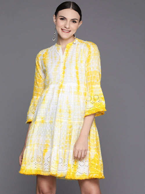 Indo Era Yellow Dyed A-Line Smart Casual Dress