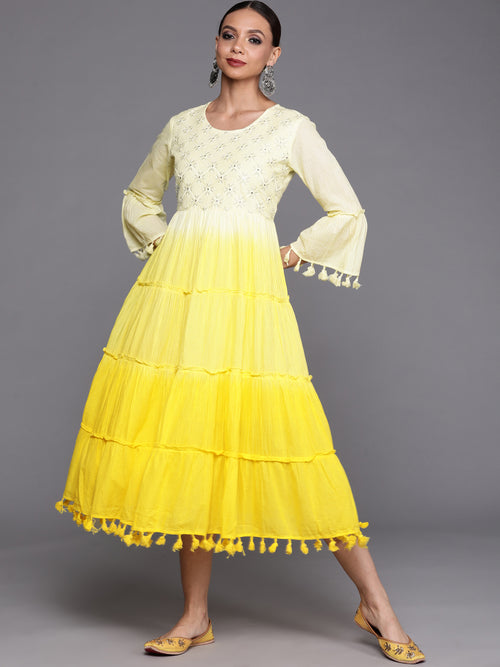 Indo Era Yellow Floral Embroidered A-line Dress