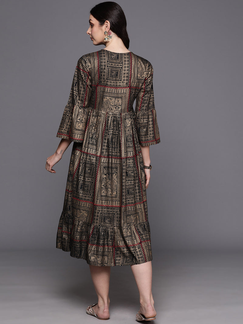 Indo Era Black Embroidered A-Line Ethnic Dress