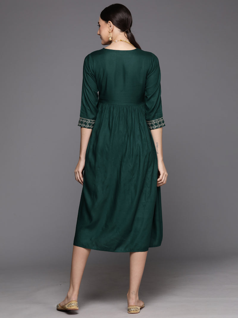 Indo Era Green Embroidered A-Line Ethnic Dress
