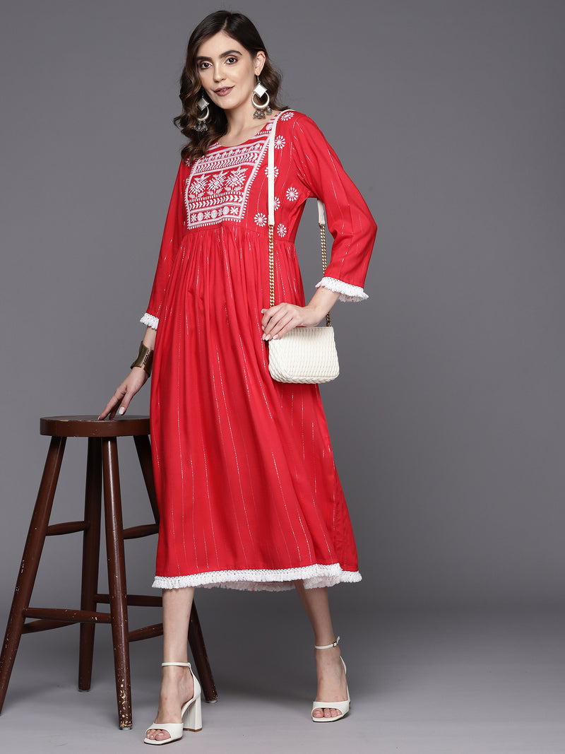 Indo Era Red Embroidered A-Line Ethnic Dress