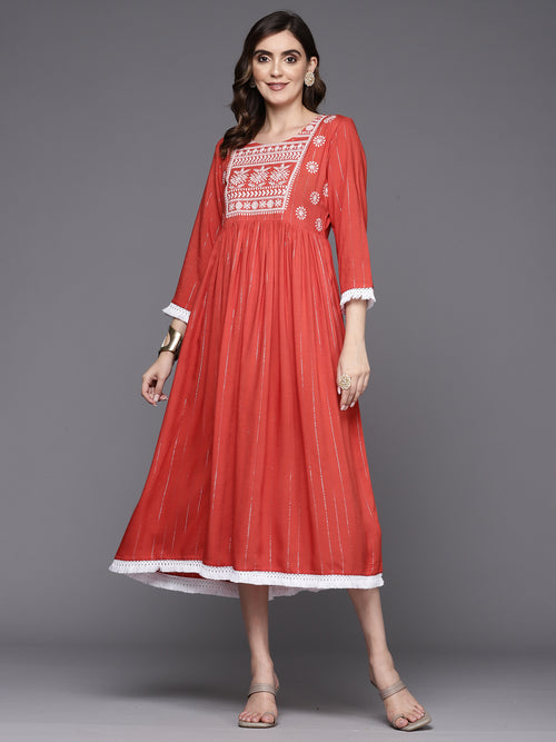 Indo Era Rust Embroidered A-Line Ethnic Dress