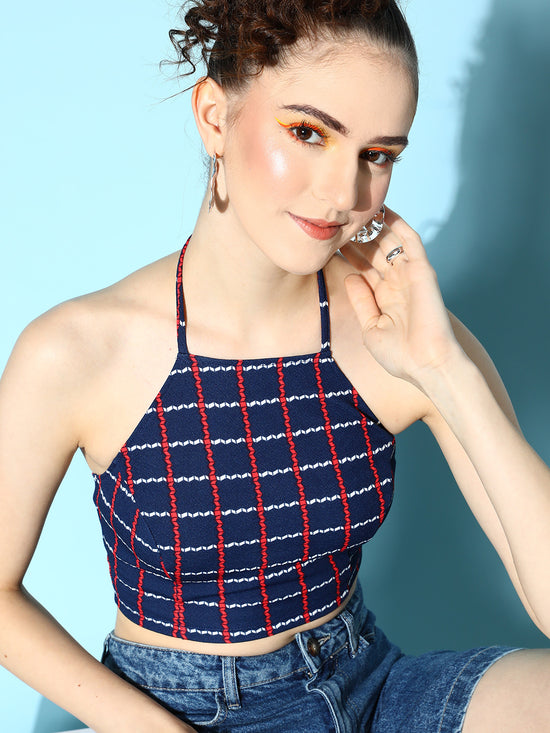 Veni Vidi Vici Navy Check Halter Top