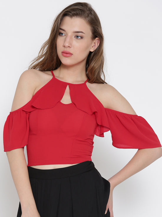 Red Front Keyhole Detail Frilled Cold Sh