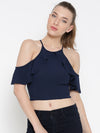 Navy Blue Frilled Cold Shoulder Crop Top