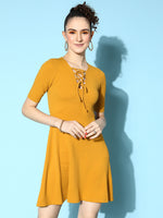 Veni Vidi Vici Mustard Front Ring Laceup Half Sleeve Skater Dress