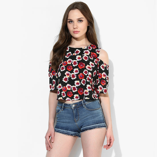 Surreal Floral Print Cold Shoulder Slit Sleeve Crop Top