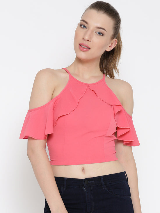 Pink Frilled Cold Shoulder Crop Top