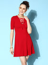 Veni Vidi Vici Red Front Ring Laceup Half Sleeve Skater Dress