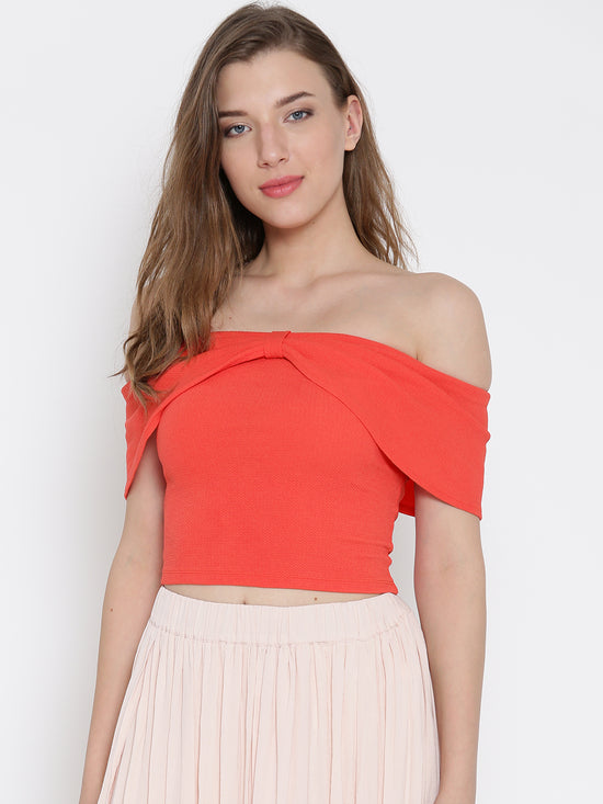 Coral Bow Front Bardot Crop Top