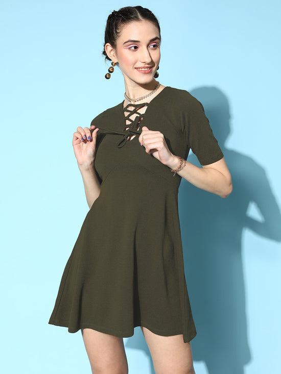 Veni Vidi Vici Olive Front Ring Laceup Half Sleeve Skater Dress