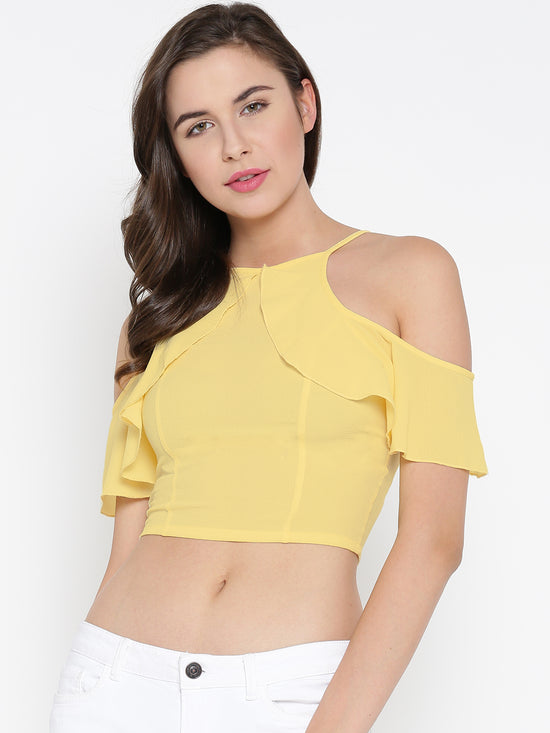 Yellow Frilled Cold Shoulder Crop Top