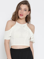 White Frilled Cold Shoulder Crop Top