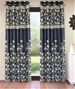 Home Sizzler 2 Piece Flower Border Panel Eyelet Polyester Long Door Curtains - 9 Feet, Grey
