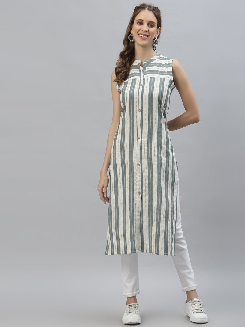 Women's Self Woven Striped Cotton Blend Straight Kurta