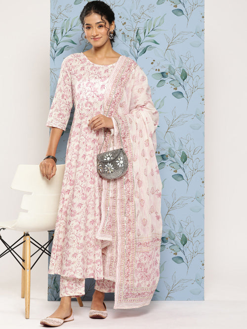 Women Off- White & Pink Printed Anarkali Kurta With Trouser and Dupatta