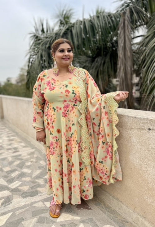 Plus Size Tropical Green Anarkali Kurta With Dupatta