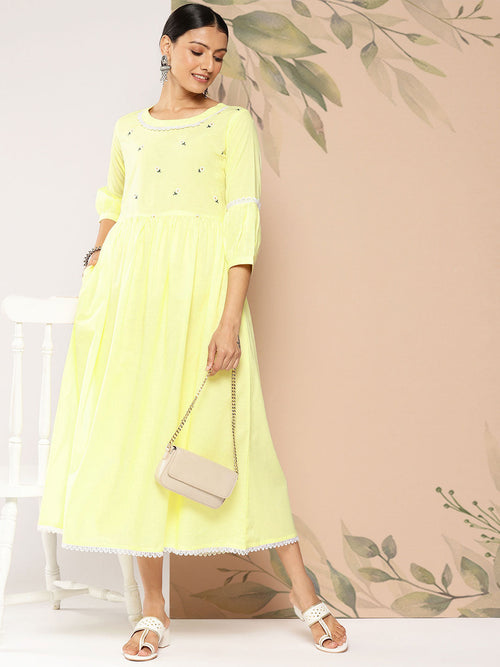 Wome Yellow Embroidered Flared Dress With Three Quarter sleeves