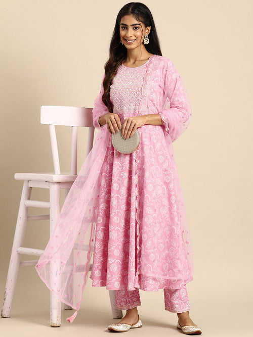 Women Pink Embroidered Anarkali Kurta With Trouser And Dupatta