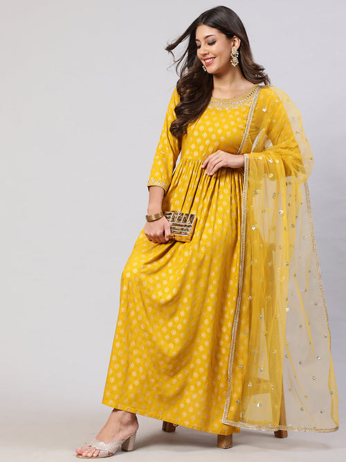 Women Yellow Embroidered Flared Dress With Scalloped Dupatta