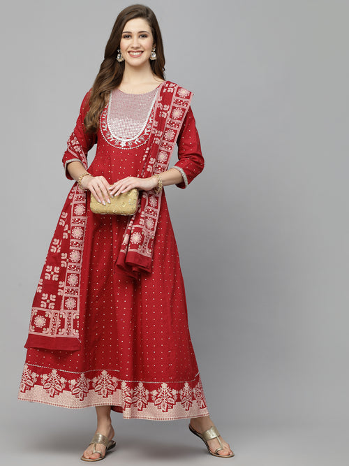 Women's Printed & Embroidered Cotton Anarkali kurta with Dupatta