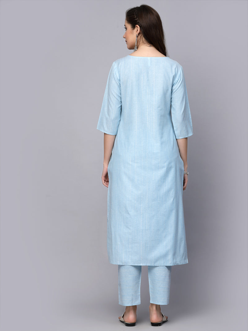 Women's Woven Design & Embroidered Cotton Blend Straight Kurta Pant Set