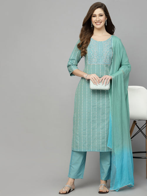 Women's Woven Design & Embroidered Cotton Blend Straight Kurta with Pant & Dupatta